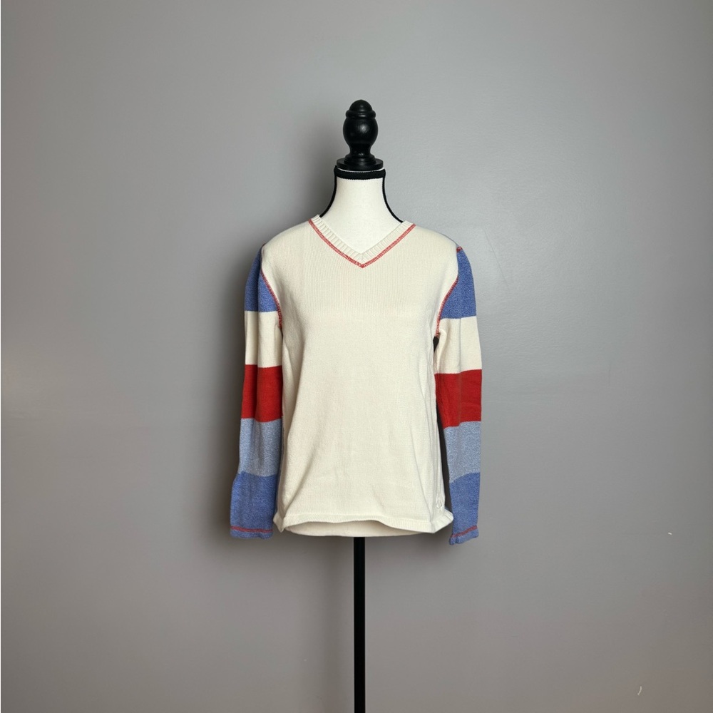 Liz Claiborne color block red white/cream and blue knit cotton sweater size s